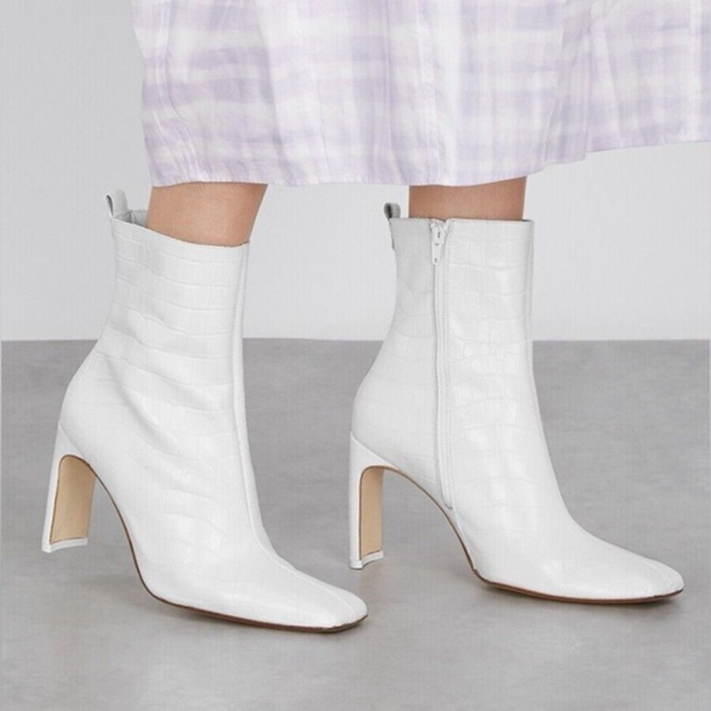 $450 Miista Marcelle White Croc Leather Square Toe Heel Boot 40 (Me36)